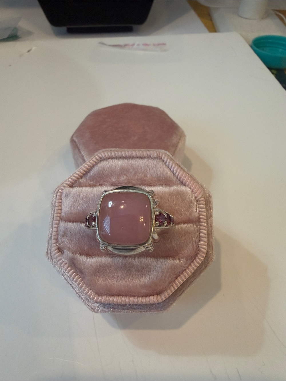 Pink Cabochon Stone Set in Sterling Silver Statement Ring. 920 stamped inside.